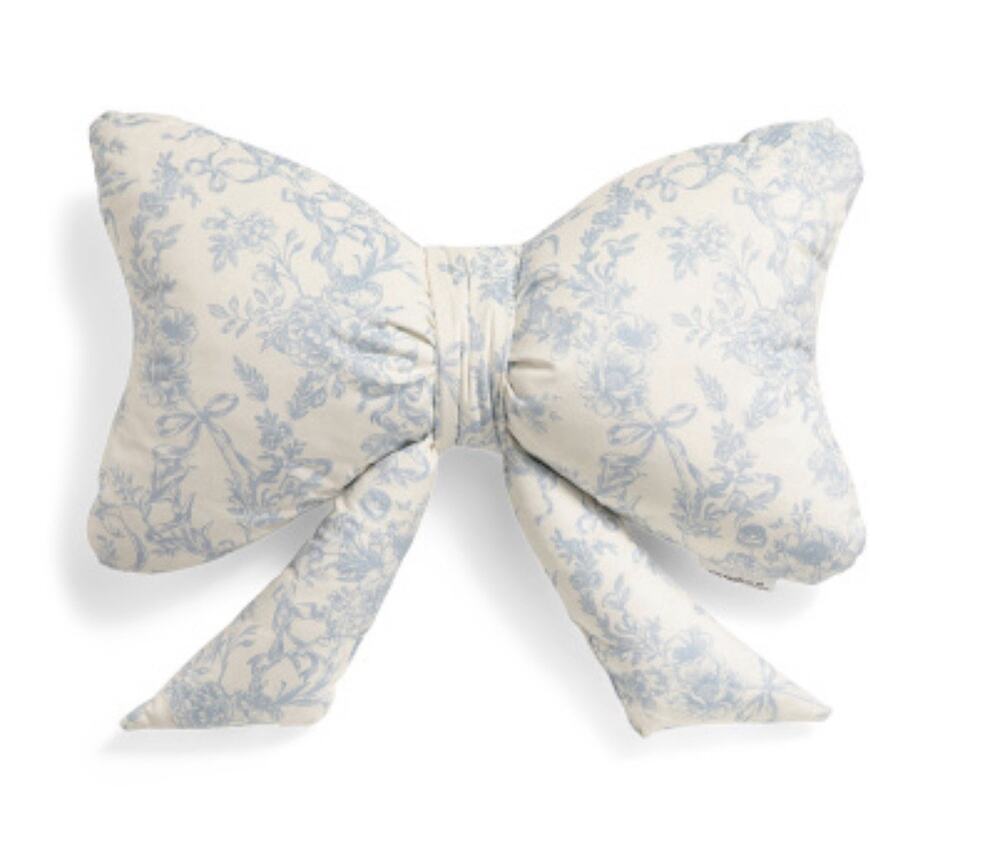 Envogue Blue Floral Toile Pattern Decor Bow Pillow Viral Coquette Cottagecore